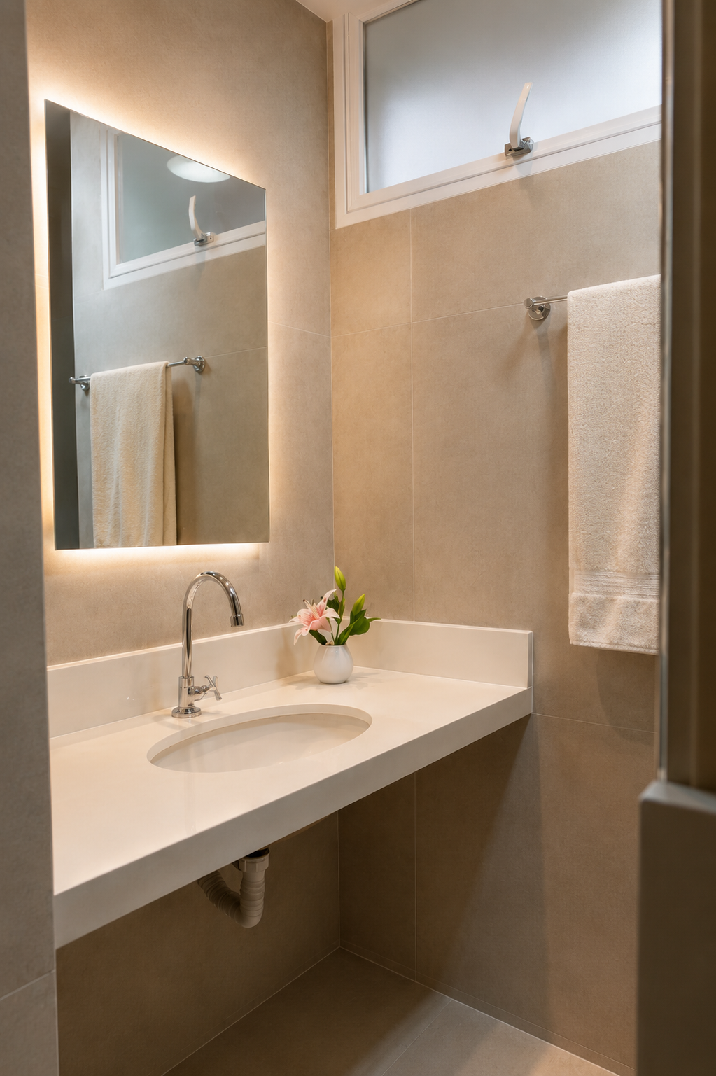 Banheiro do apartamento do Bahia Flat com bancada branca em pedra, cuba embutida, torneira cromada, espelho amplo, revestimento em porcelanato bege, toalha branca e decoração com vaso de flores.