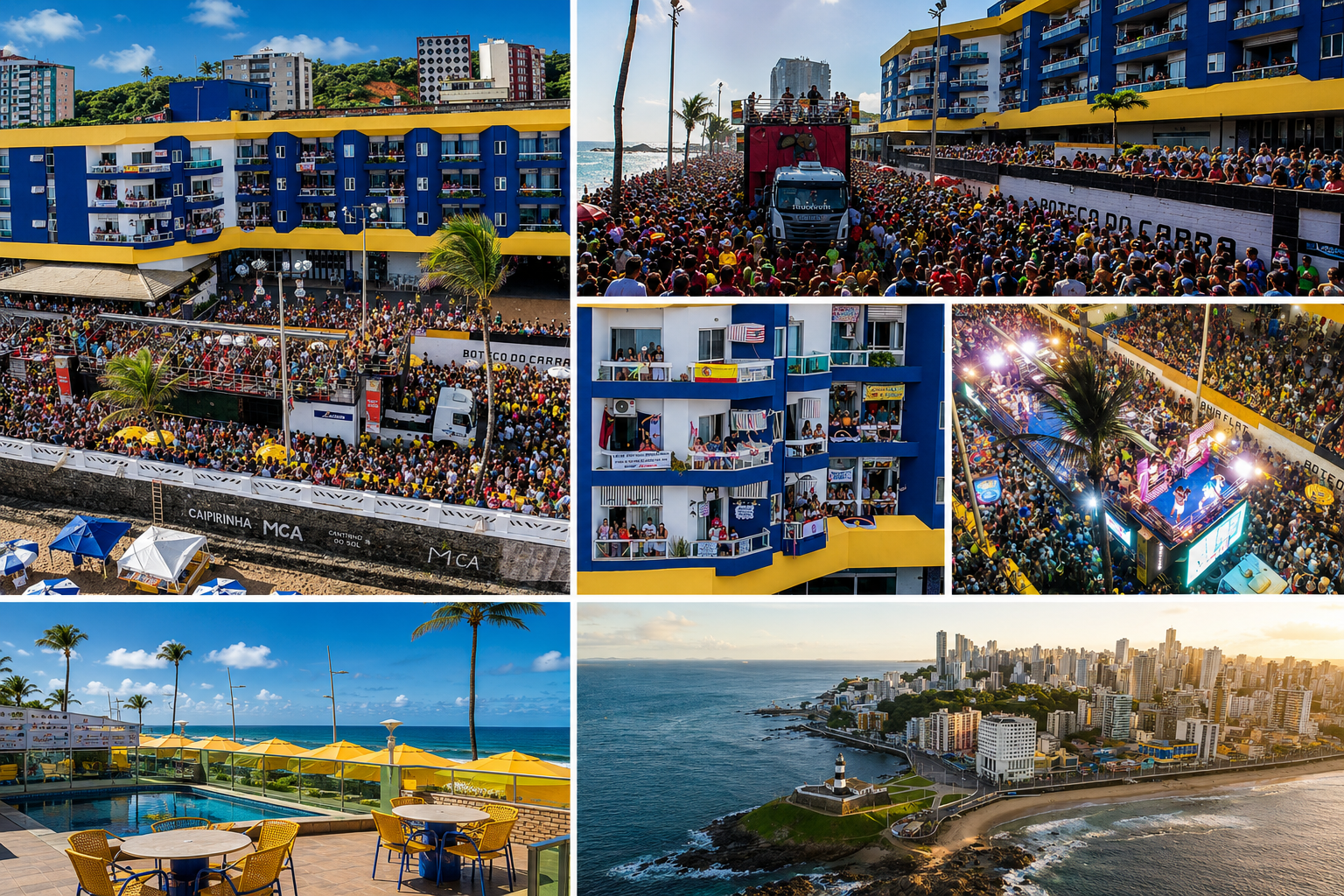 Mosaico com imagens do Bahia Flat na Barra durante o Carnaval, mostrando trios elétricos, foliões, vista para o mar, piscina e o Farol da Barra.