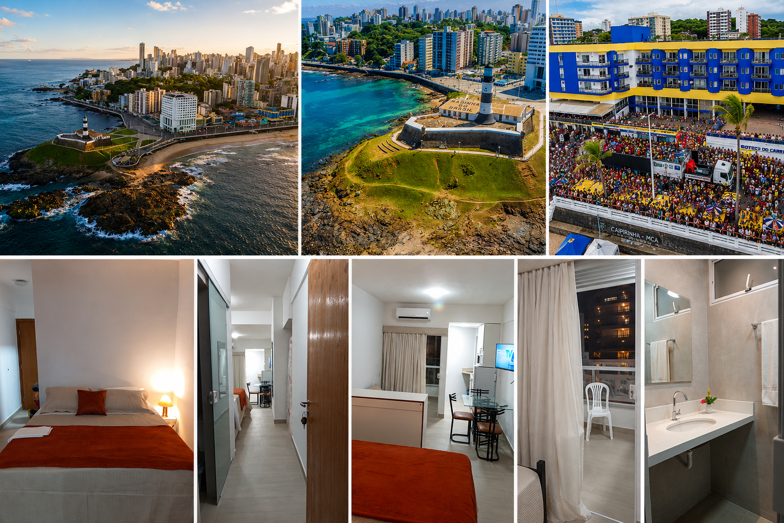 Vista do Bahia Flat na Barra, em Salvador, próximo ao Farol da Barra, com apartamentos confortáveis, praia, orla e diversas opções de lazer ao redor.