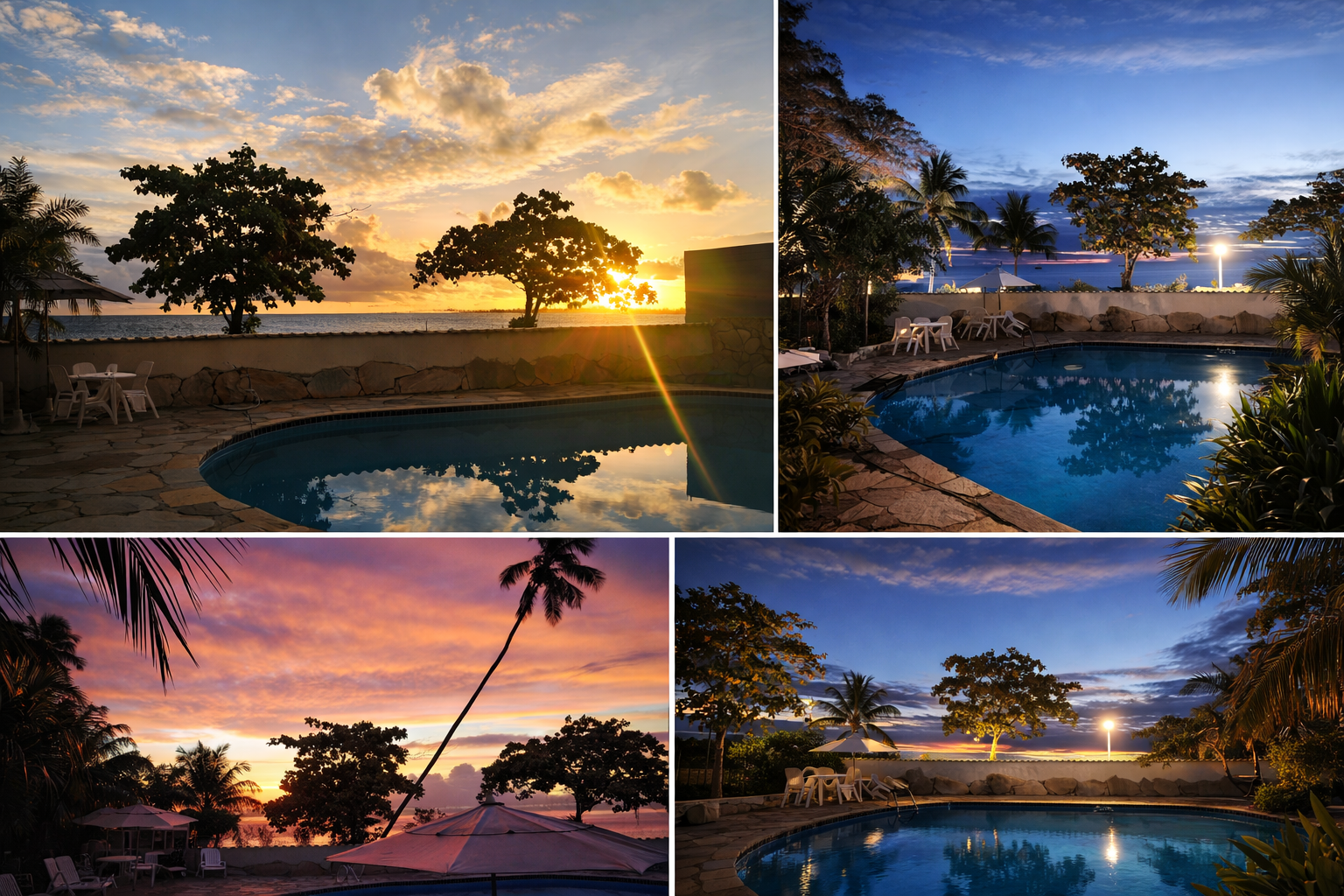 piscina tropical em pousada em Itapuã Salvador ao entardecer com pôr do sol e iluminação noturna